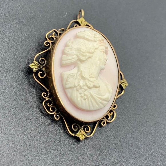 14KY Gold Victorian Shell Cameo Pendant w/ Scroll Filigree Frame 1.75 x 1.25" - Picture 7 of 10